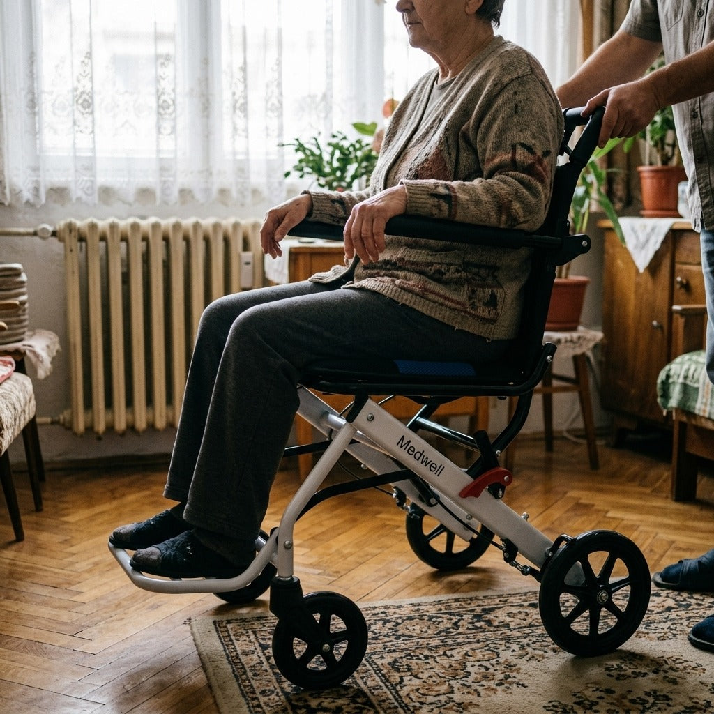 Összecsukható mechanikus kerekesszék felhajtható karfával - használat közben