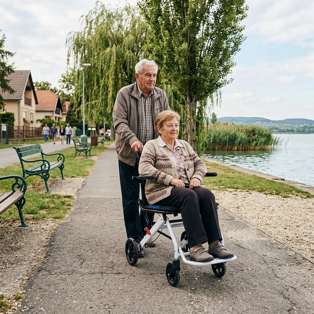 Összecsukható mechanikus kerekesszék felhajtható karfával - a mindennapokban