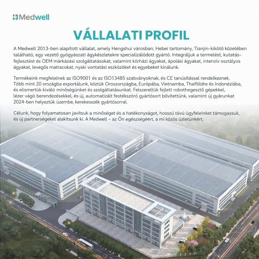 A Medwell vállalat profilja és a modern gyárépületek madártávlatból.