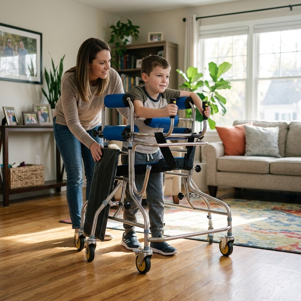 Folding Pediatric Rollator Walker and Standing Frame - at home