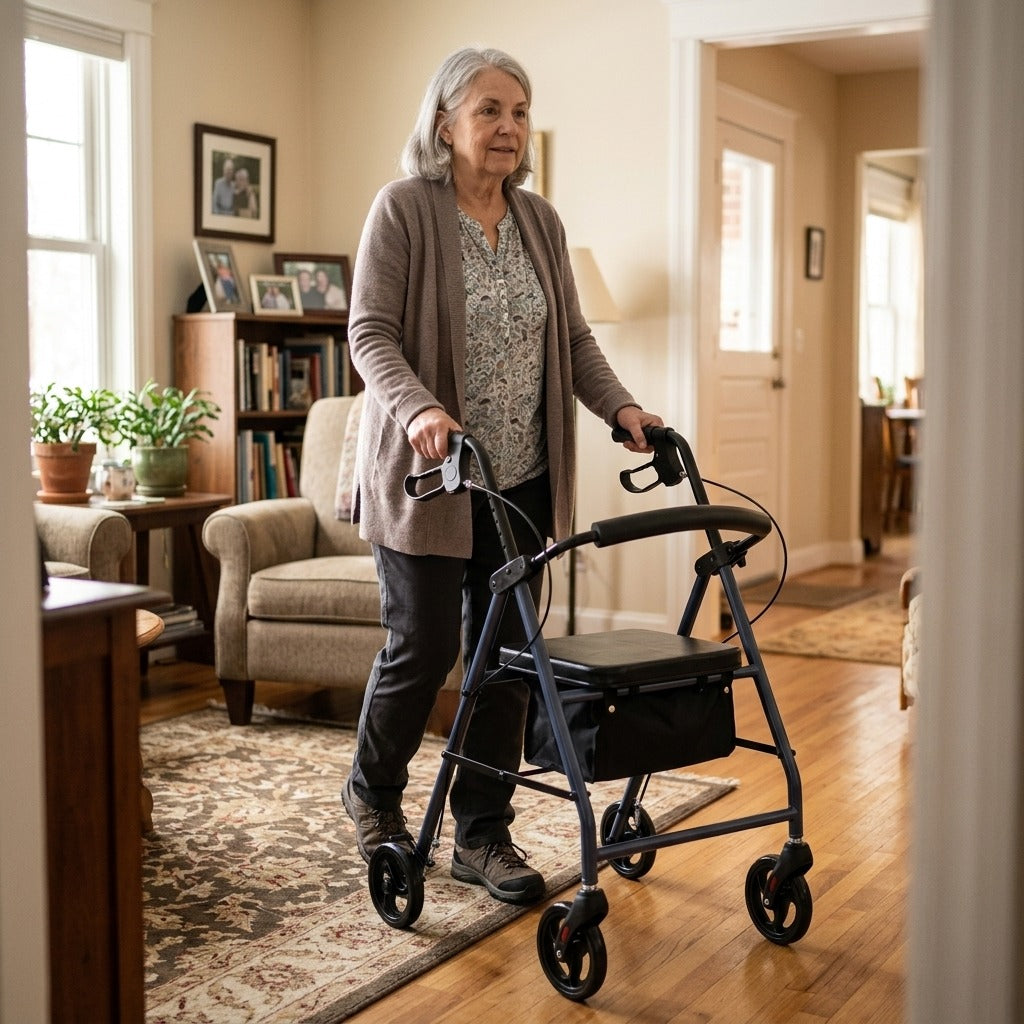 Folding Rollator Walker with Soft Seat - at home