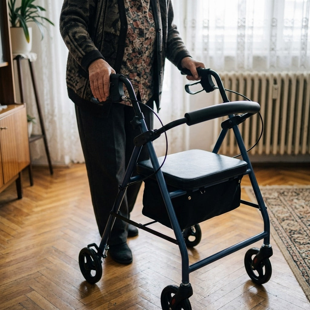 Összecsukható rollátoros járókeret puha üléssel - használat közben