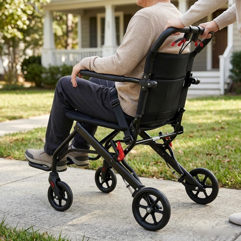 Folding Transport Chair with Brakes and Safety Belt - in use
