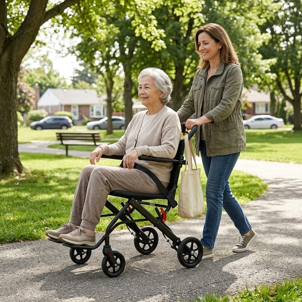 Folding Transport Chair with Brakes and Safety Belt - in everyday life