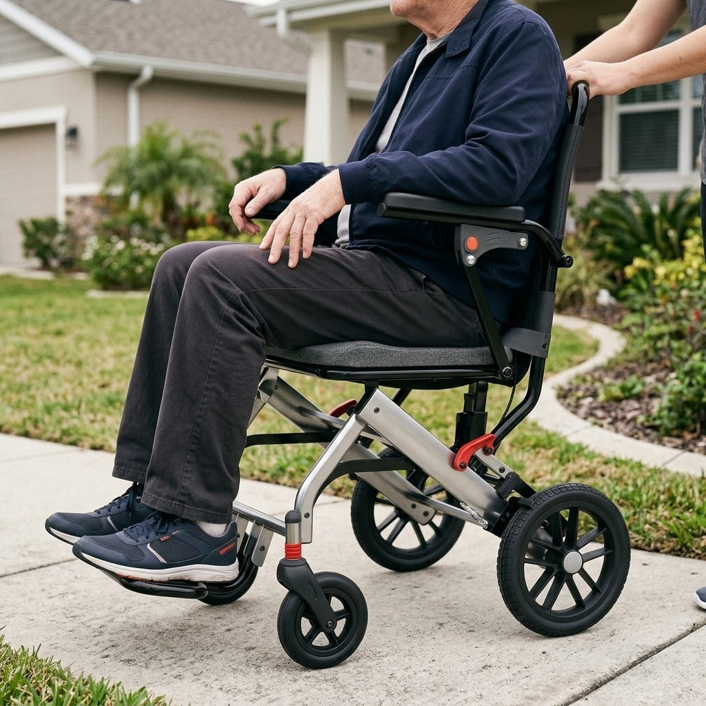 Folding Transport Wheelchair with Locking Handbrake - in use
