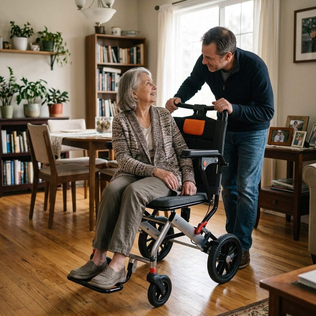 Folding Transport Wheelchair with Locking Handbrake - at home