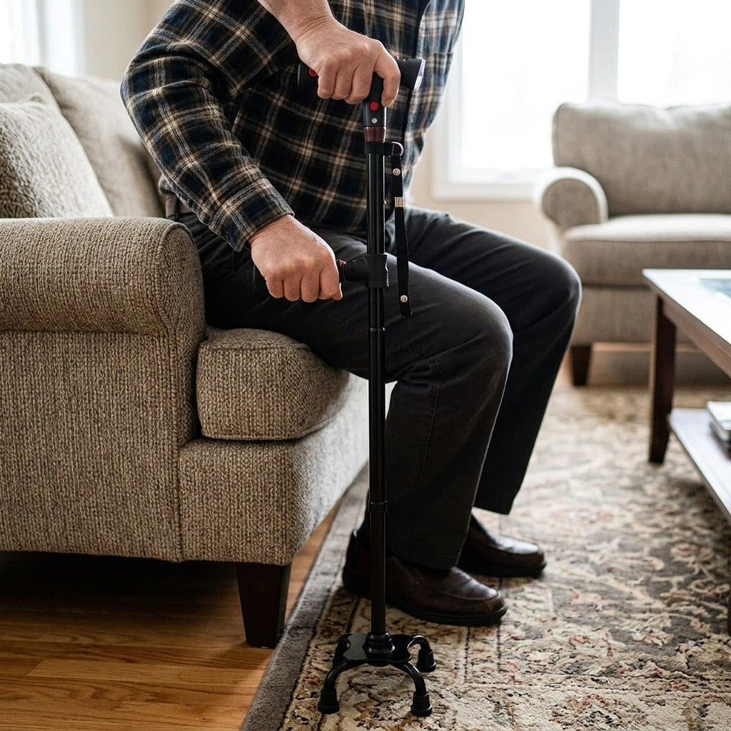 Folding Walking Cane with LED Light and Alarm - in use