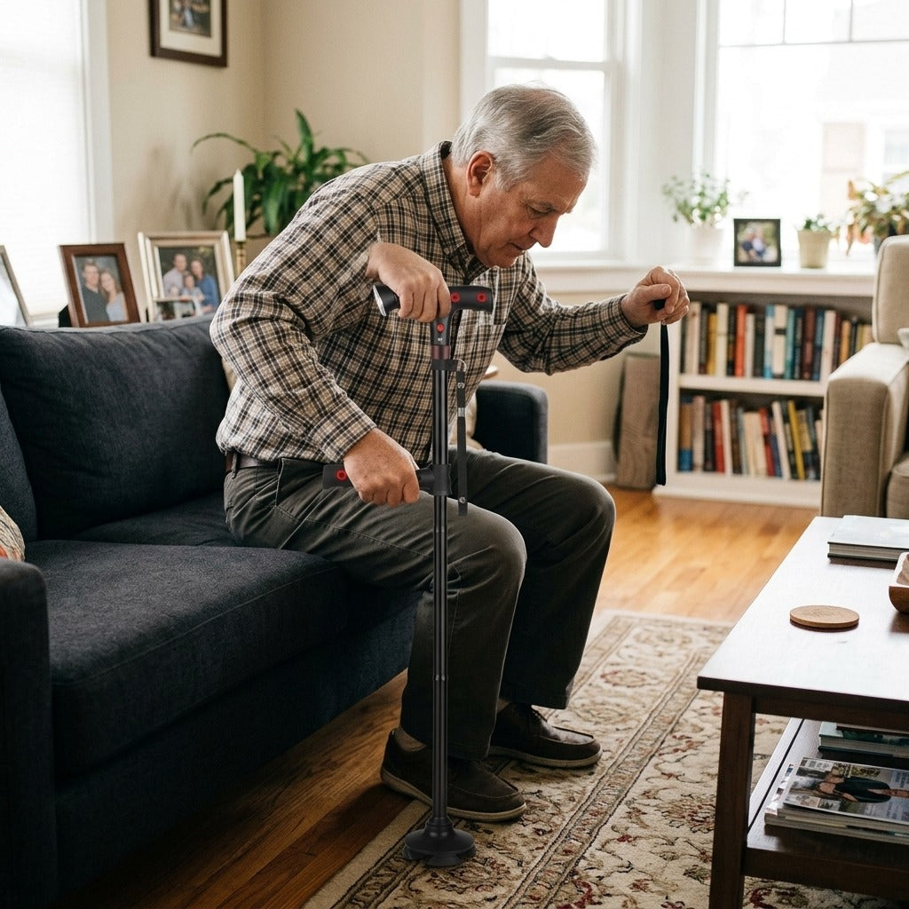Folding Walking Cane with LED Light and Alarm - at home