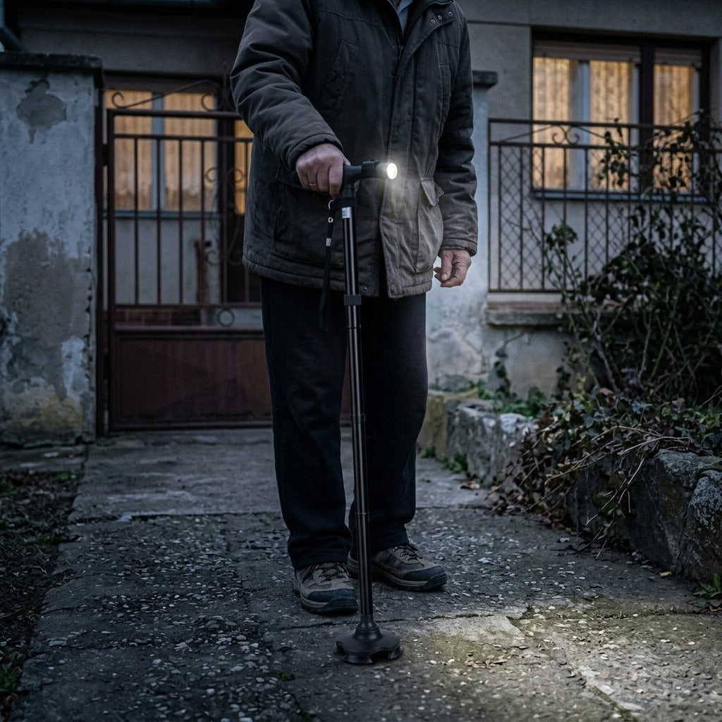Összecsukható, LED-es járóbot - használat közben