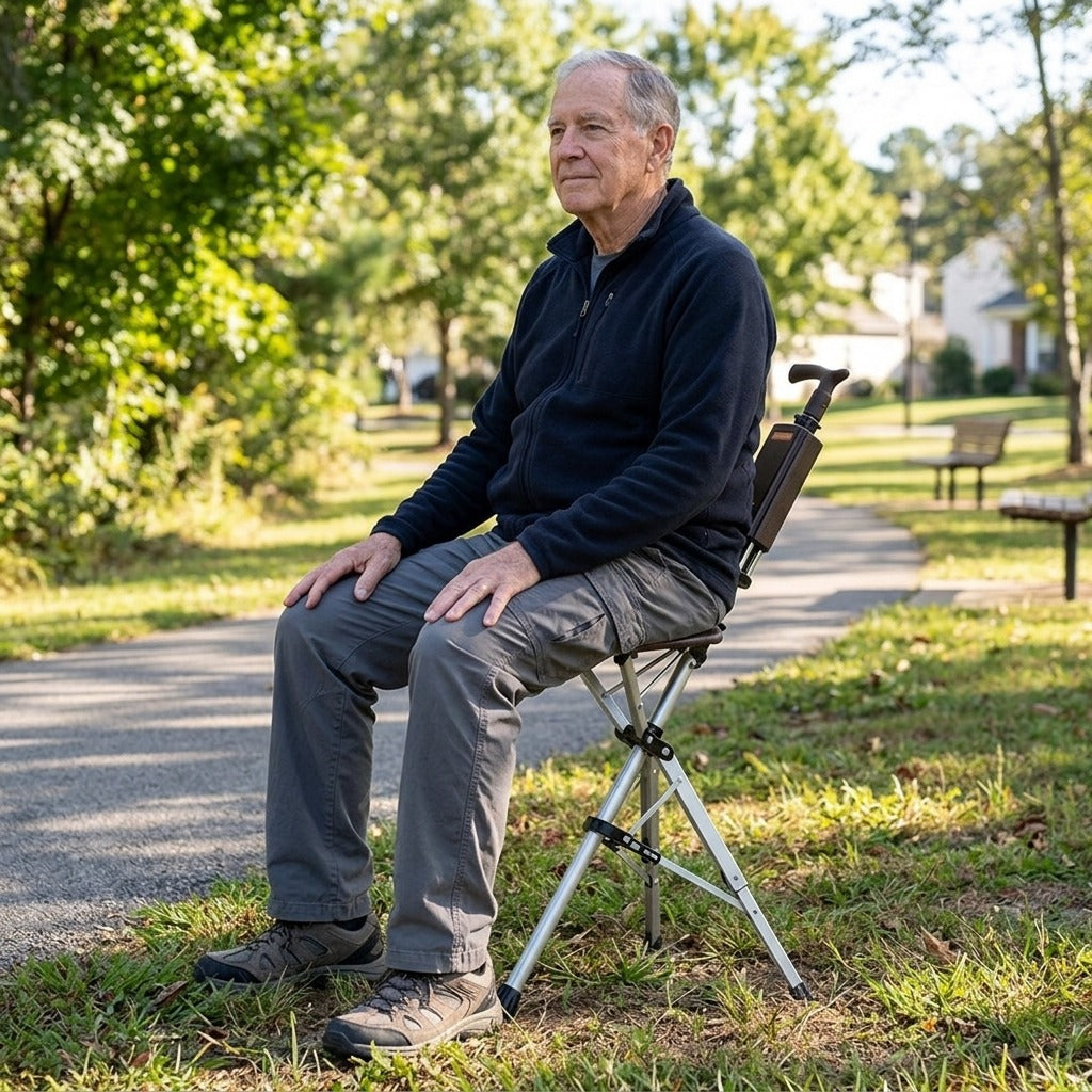 Folding Walking Stick with Seat - in everyday life