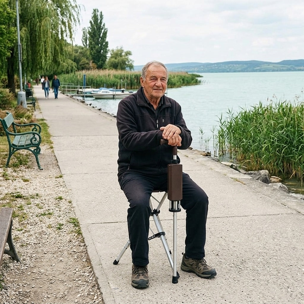 Összecsukható sétabot ülőkével - a mindennapokban