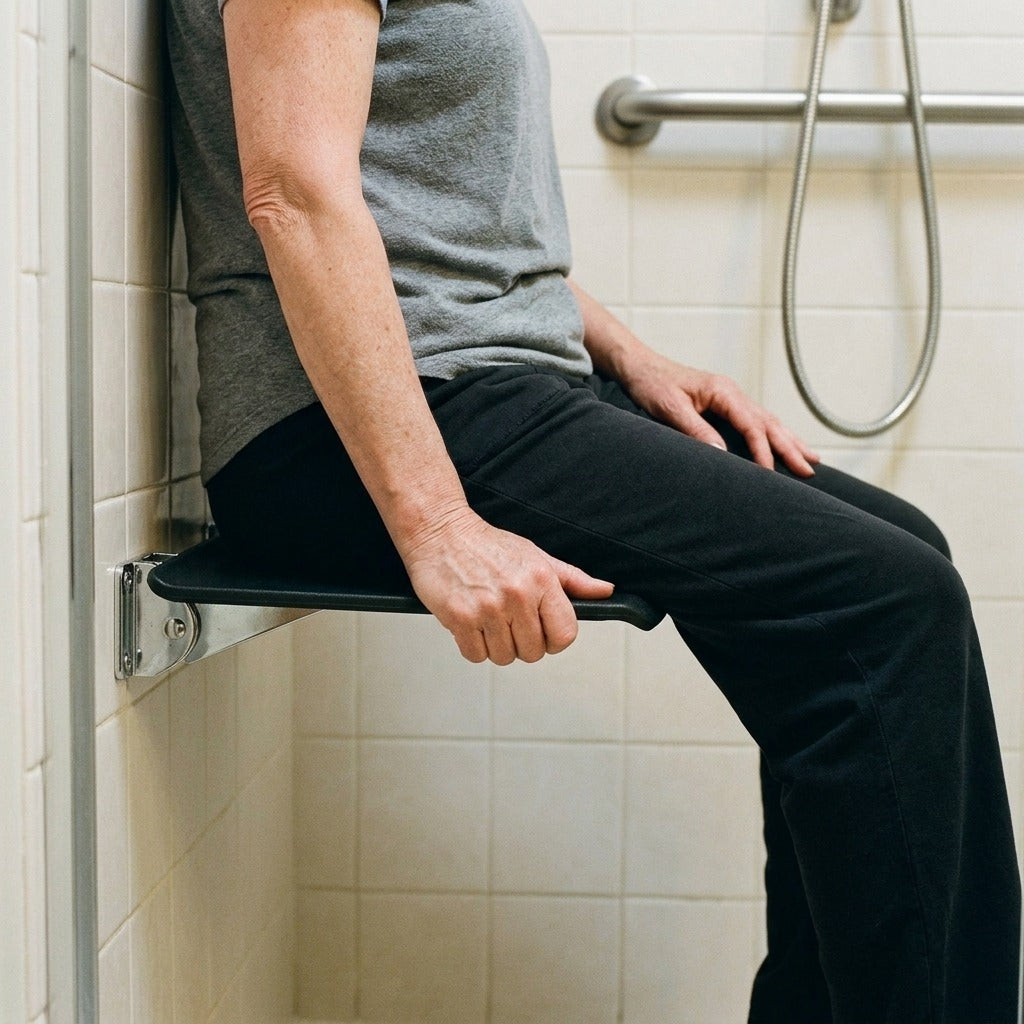 Folding Wall-Mounted Shower Chair - in use