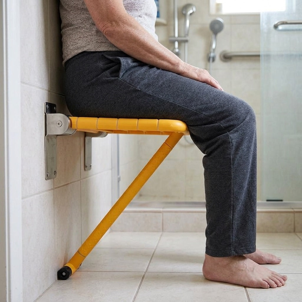 Folding Wall-Mounted Shower Seat - in use