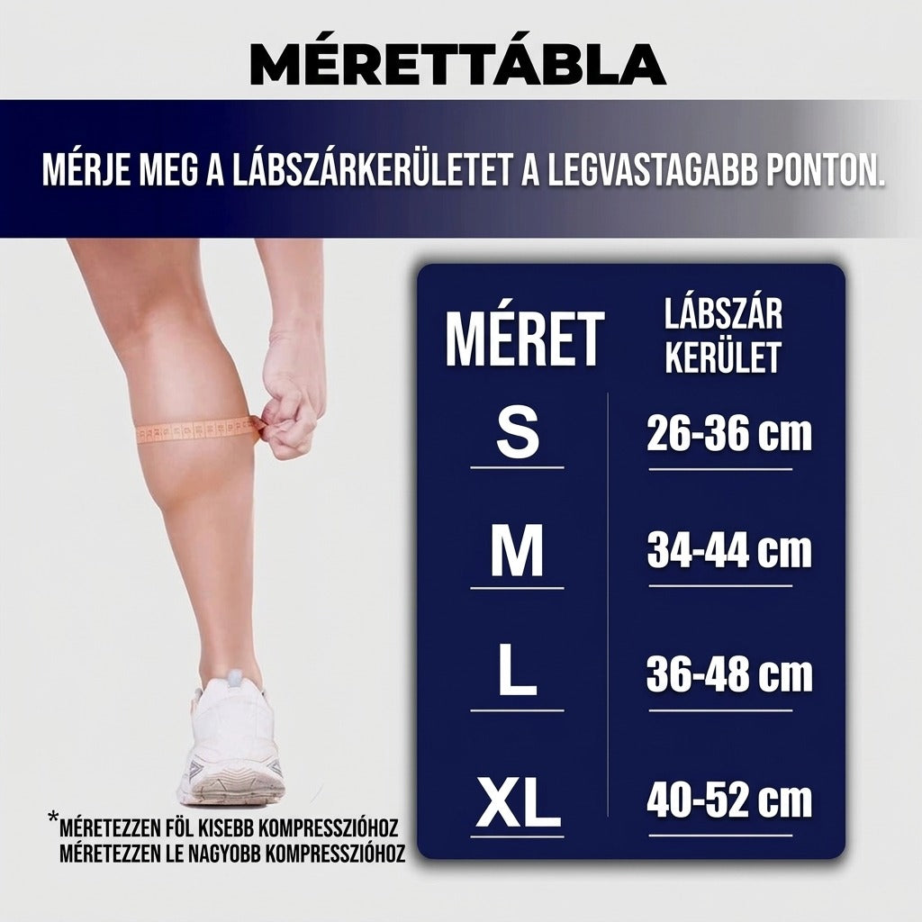 Mérettábla lábszár kompresszió 4 méret S M L XL