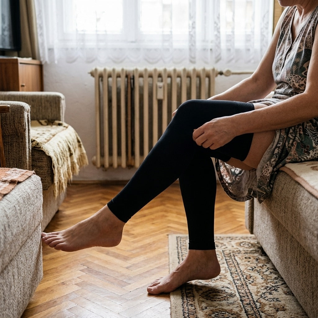 Lábfej nélküli combfix kompressziós harisnya, 23–32 mmHg - használat közben