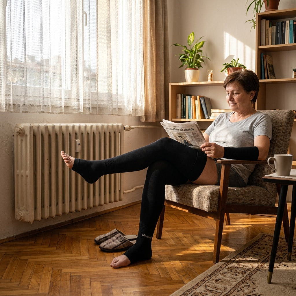 Lábfej nélküli, combig érő kompressziós harisnya, 23–32 mmHg - otthon