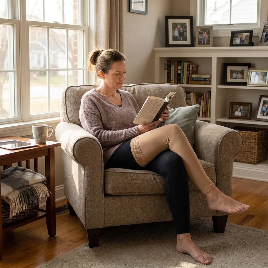 Footless Thigh-High Compression Stockings - at home