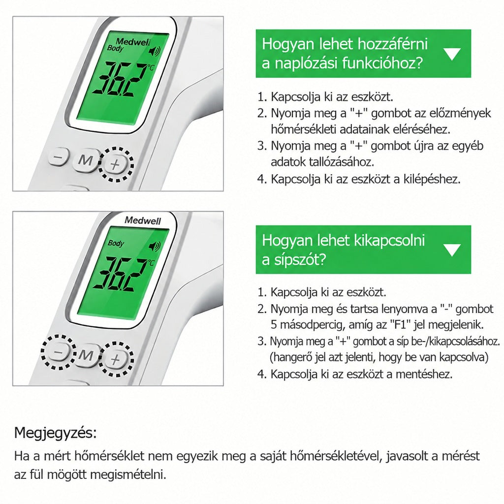 Útmutató a Medwell lázmérő naplózási funkciójának és hangjelzésének beállításához.