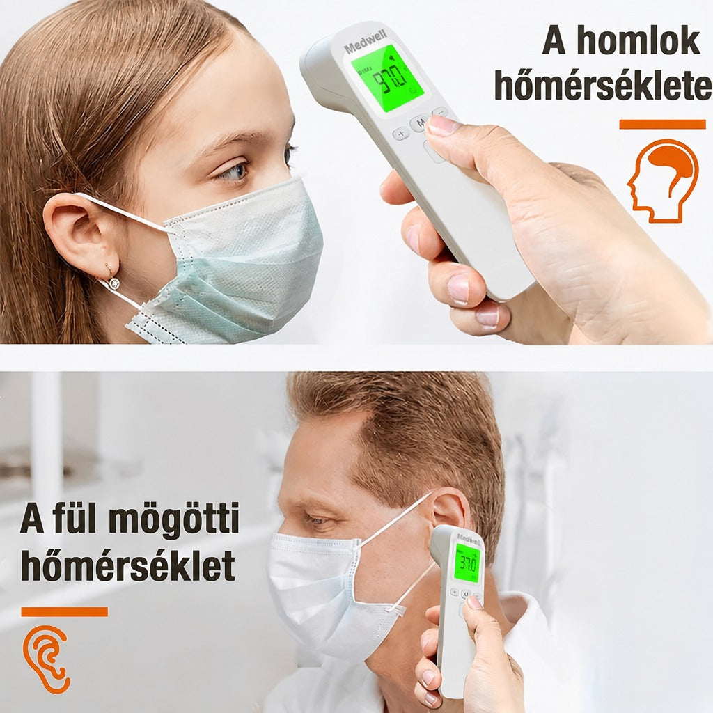 Érintésmentes lázmérő használata homlokon és fül mögött mérve.