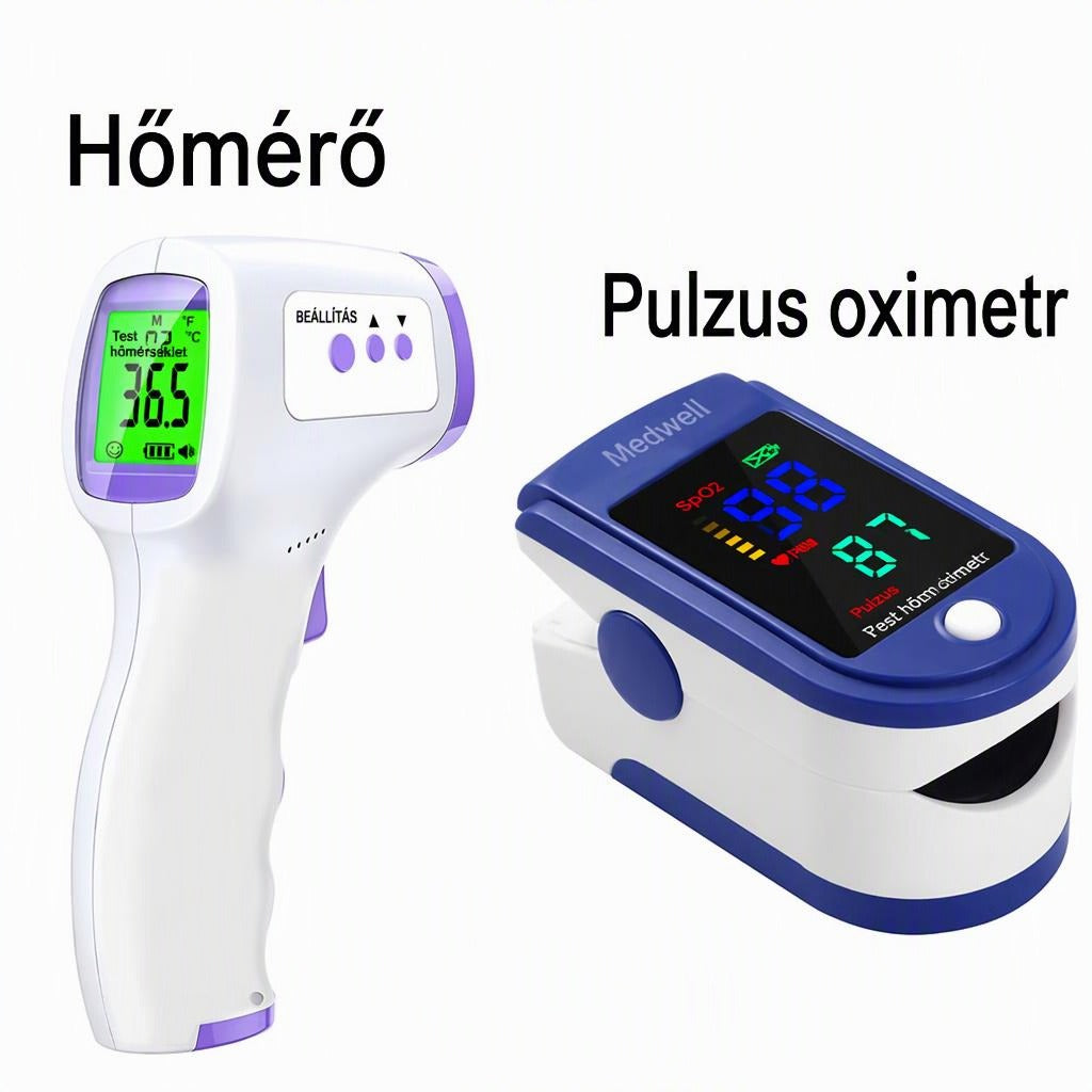 Digitális érintésmentes lázmérő és ujjra csiptethető pulzoximéter.