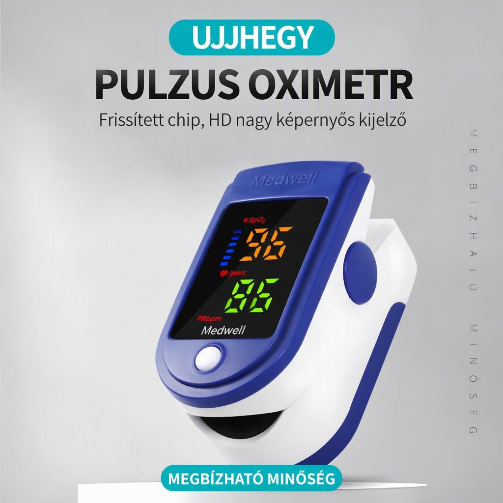 Kék-fehér ujjra csíptethető pulzoximéter színes kijelzővel