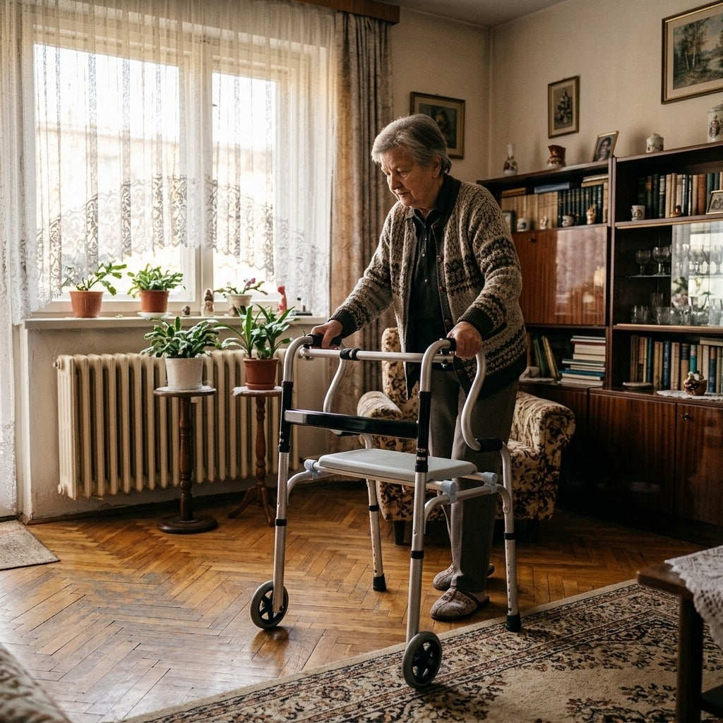 Négy lábú járókeret párnázott üléssel - otthon