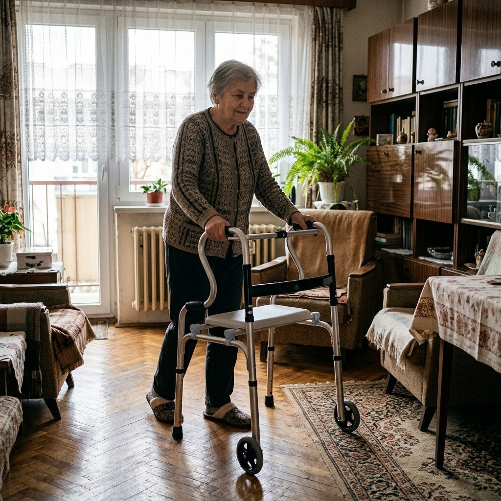 Négy lábú járókeret párnázott üléssel - a mindennapokban
