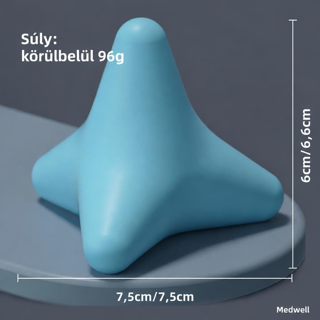 Kék színű négyágú masszírozó eszköz méretei és súlya.