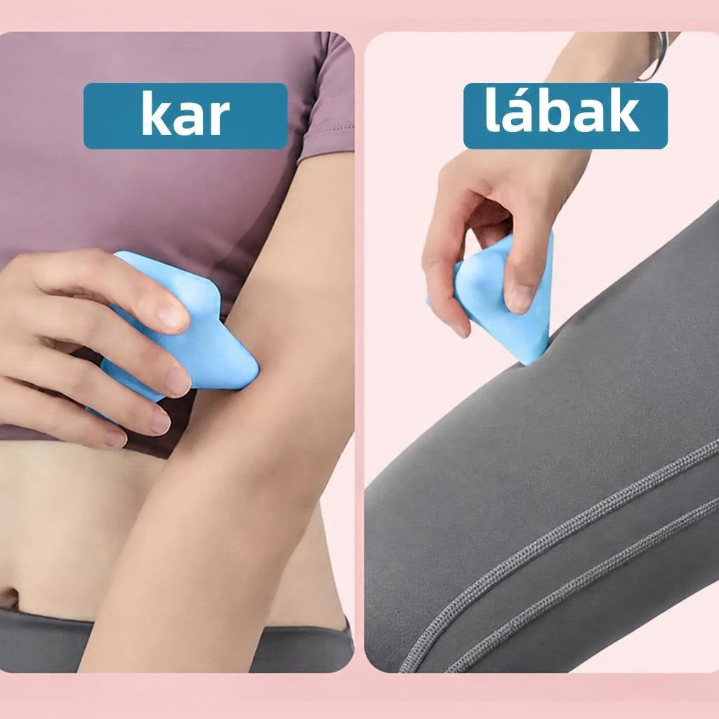 Kék színű kézi masszírozó eszköz használata a karon és a lábon.