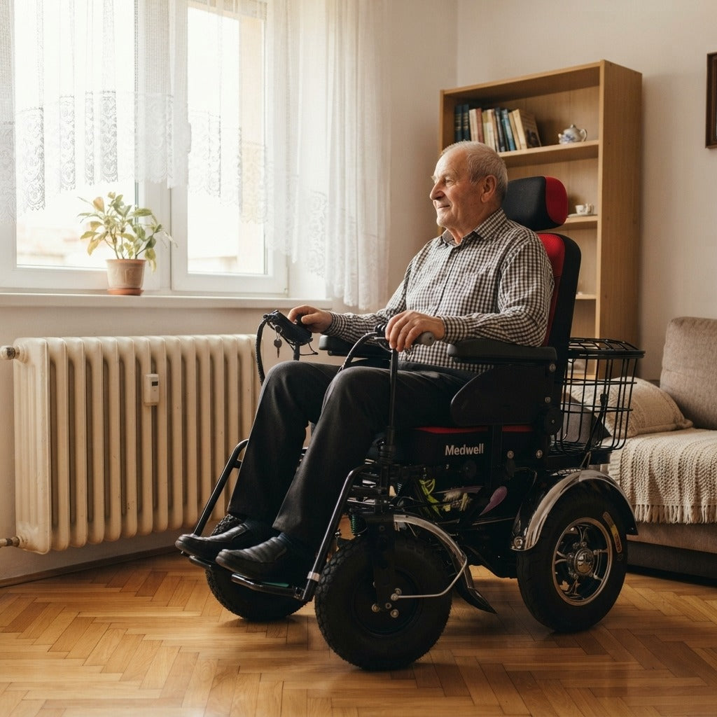 Négykerekű automata kerekesszék, 150kg terhelhetőséggel - otthon