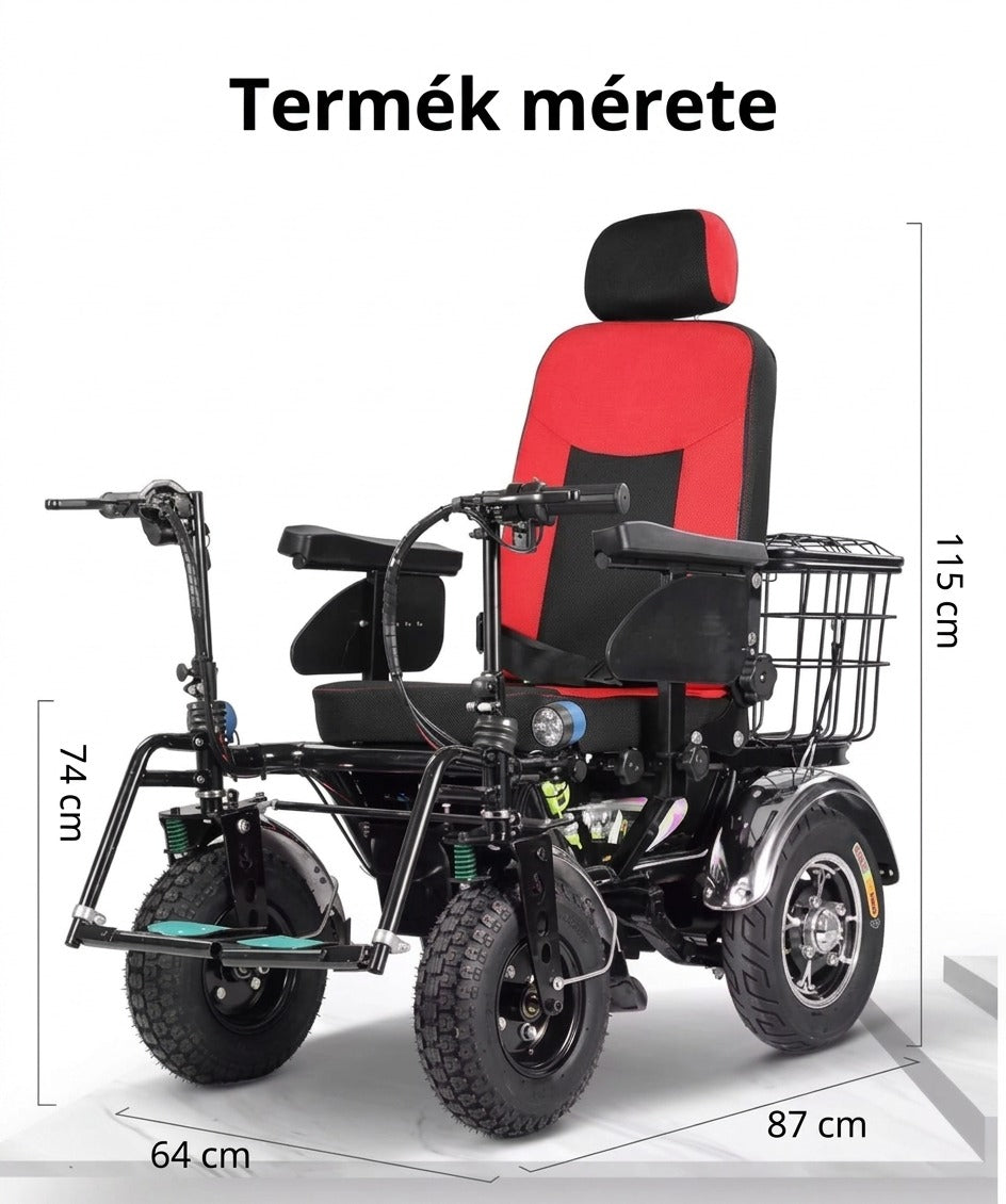 Elektromos kerekesszék méreteit bemutató ábra méretvonalakkal.
