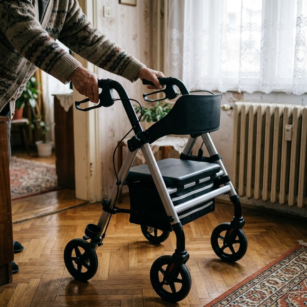 Összecsukható négykerekű járókeret kézifékkel - használat közben