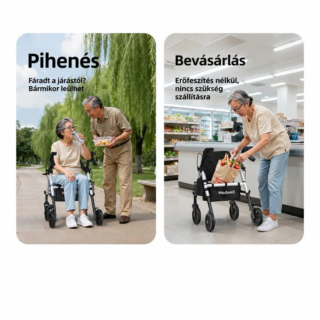 Idős pár a parkban pihenve és egy hölgy bevásárlás közben a Medwell járókerettel.
