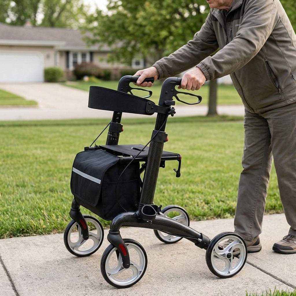 Four-Wheel Rollator with Seat and Storage Bag - in use
