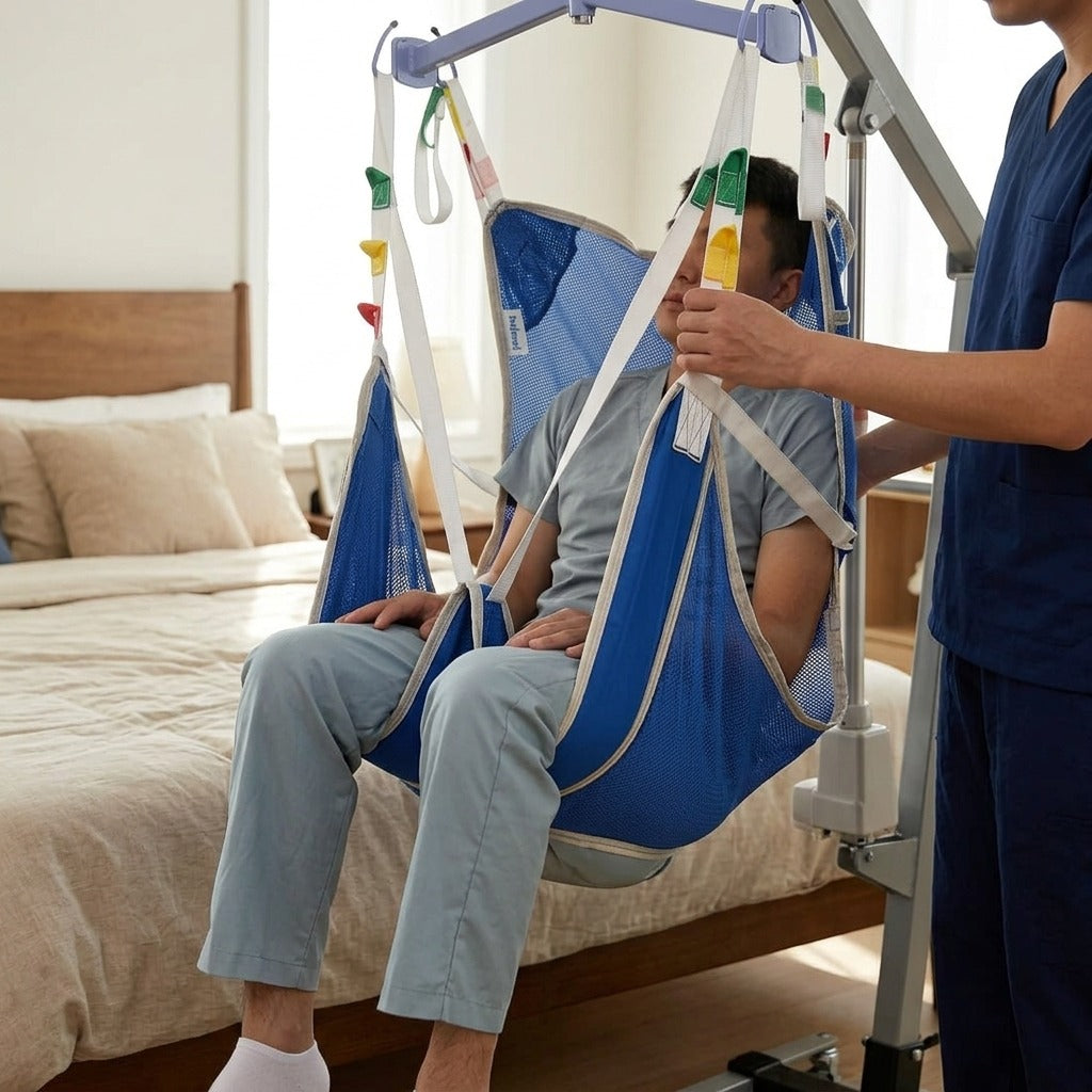 Full-Body Mesh Patient Hoist Sling with Commode Opening - in use