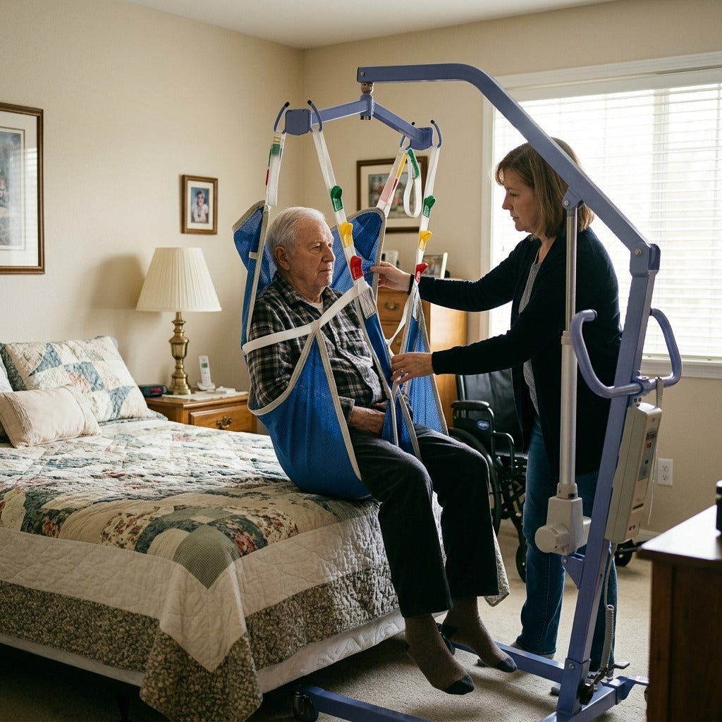 Full-Body Mesh Patient Hoist Sling with Commode Opening - at home