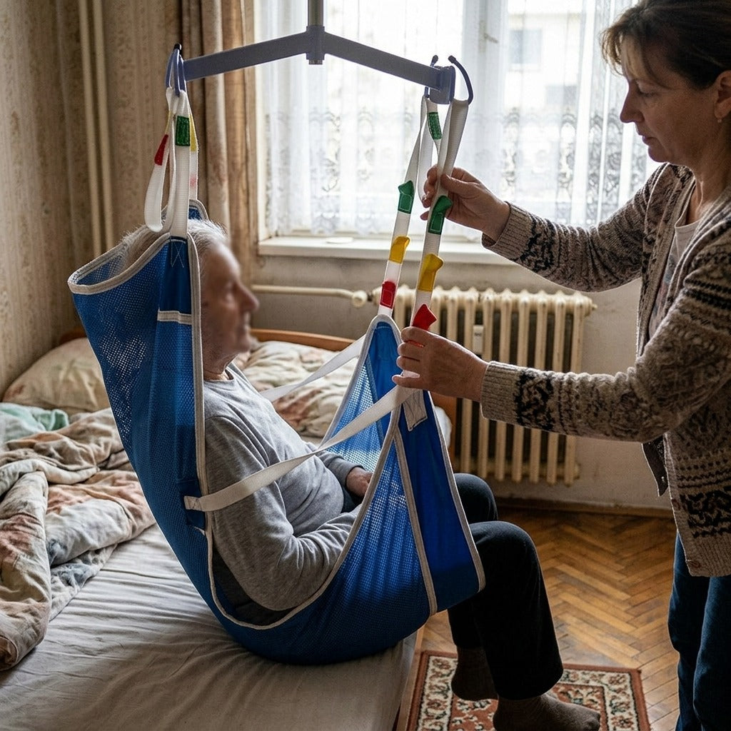 Teljes testet megtámasztó hálós betegemelő heveder toalettkivágással - használat közben