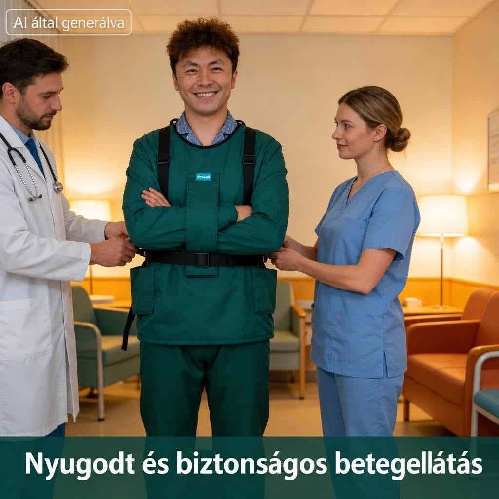 Orvos és ápolónő biztonsági rögzítőruhát ad egy mosolygó páciensre a kórteremben.