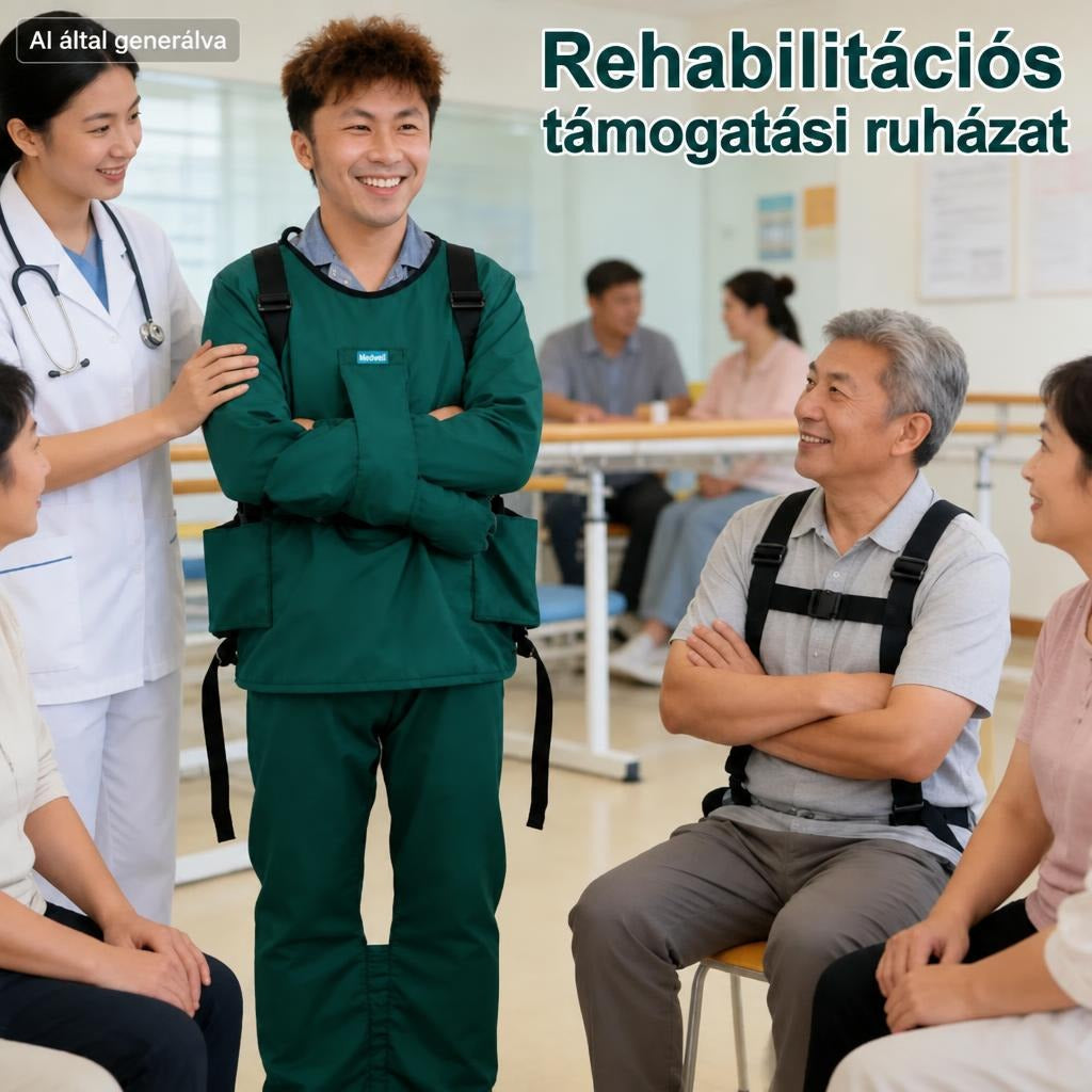 Rehabilitációs támogatási ruházatot viselő férfi orvossal és csoporttal egy terápiás teremben.