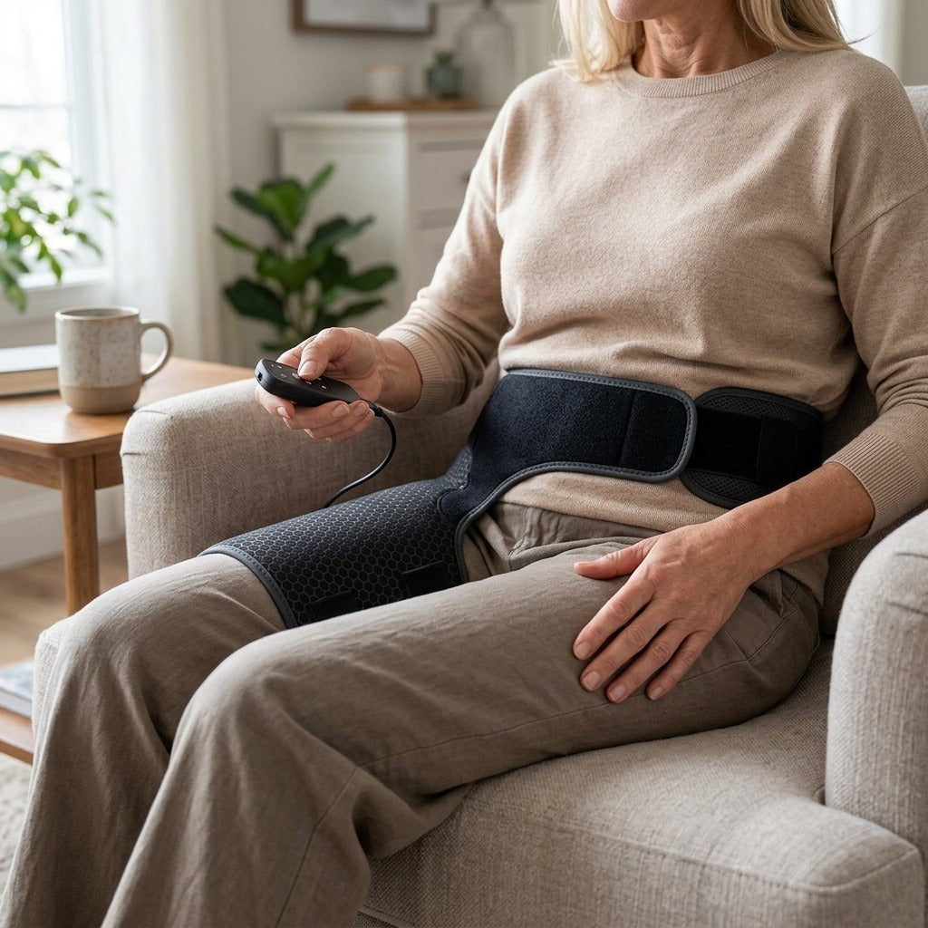 Full-Wrap Hip Support Brace with Massager and Heating, USB-Powered - in use