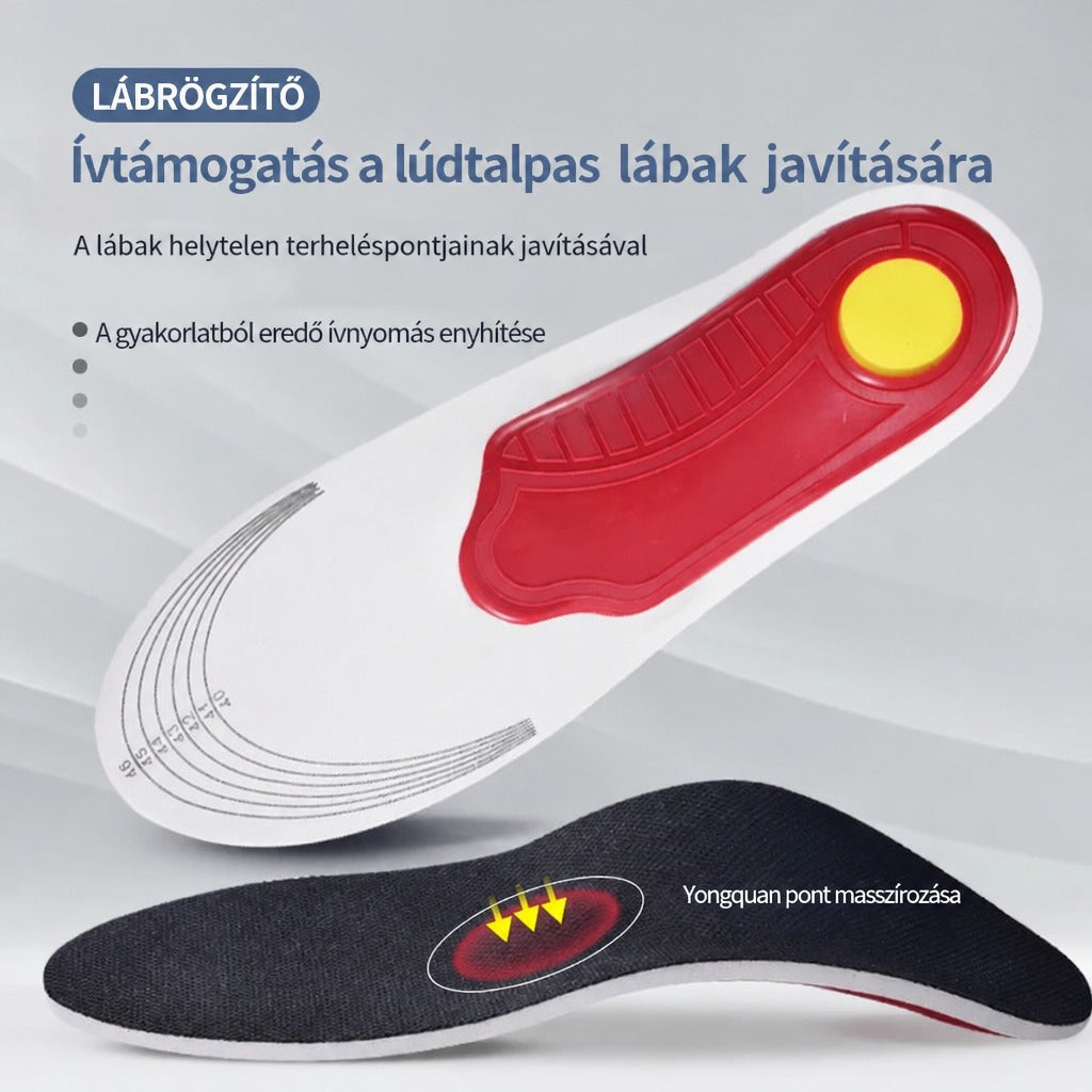 Lúdtalp elleni anatómiai talpbetét ívtámasszal és Yongquan akupresszúrás ponttal.