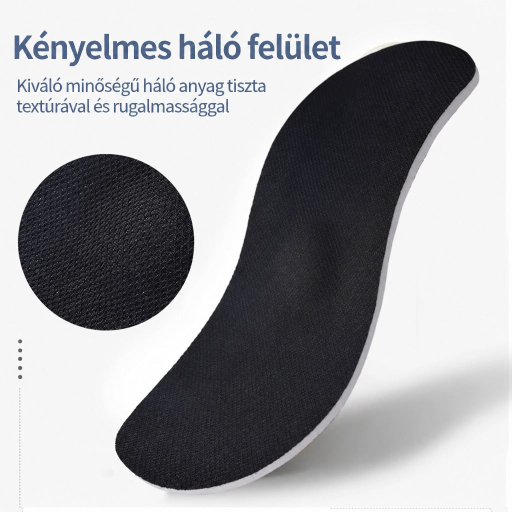 Fekete hálós felületű talpbetét és a lélegző anyag közeli részlete.