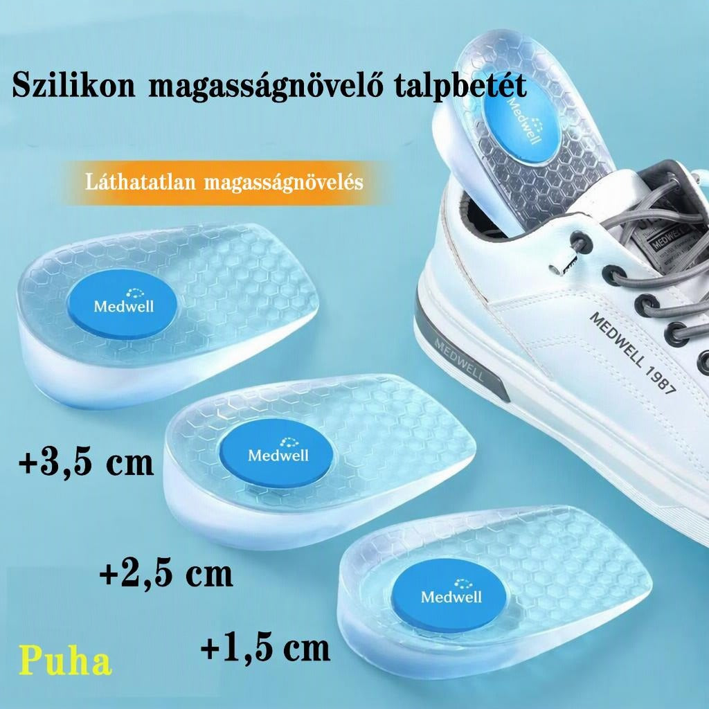 Szilikon magasságnövelő sarokbetétek cipővel, különböző magasságokban.