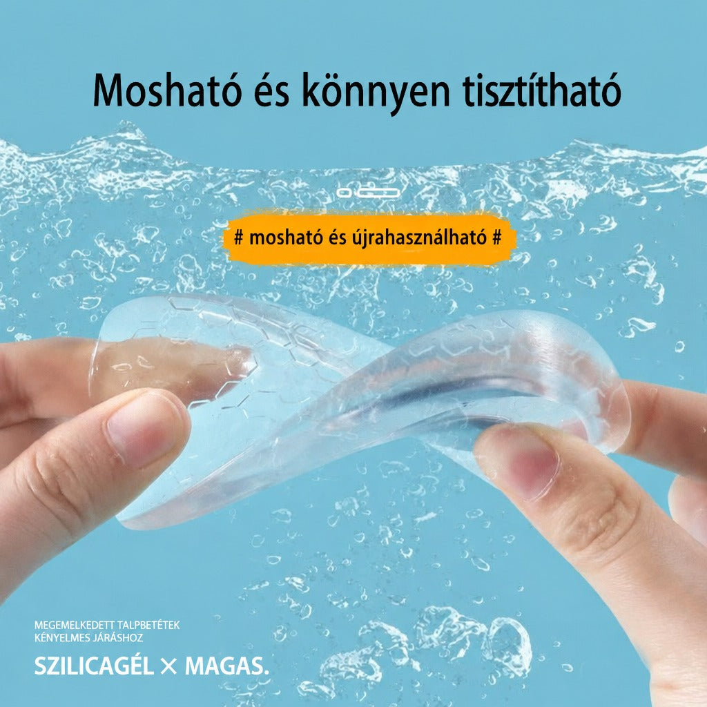 Vízben hajlított átlátszó szilikon talpbetét, mosható és újrahasználható kivitelben.