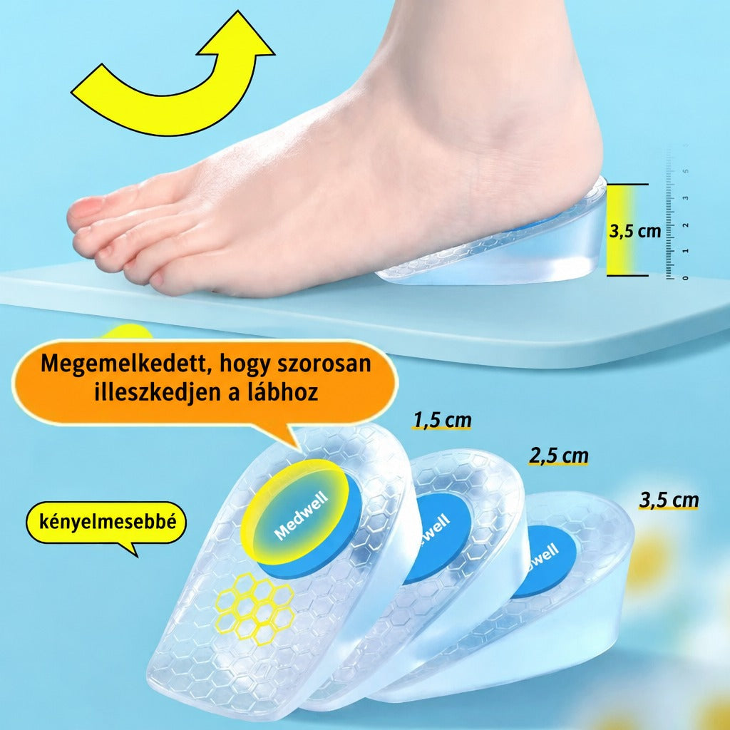 Különböző magasságú szilikon sarokemelő talpbetétek a láb alatt és külön bemutatva.