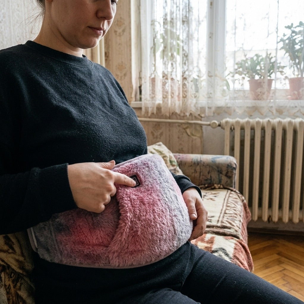 Grafén melegítőpárna, 3 fokozat, USB-tölthető hasmelegítő - használat közben