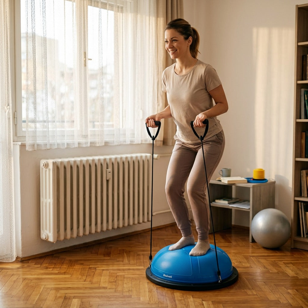 Félgömbös egyensúlyozó tréner gumiszalaggal és pumpával - otthon