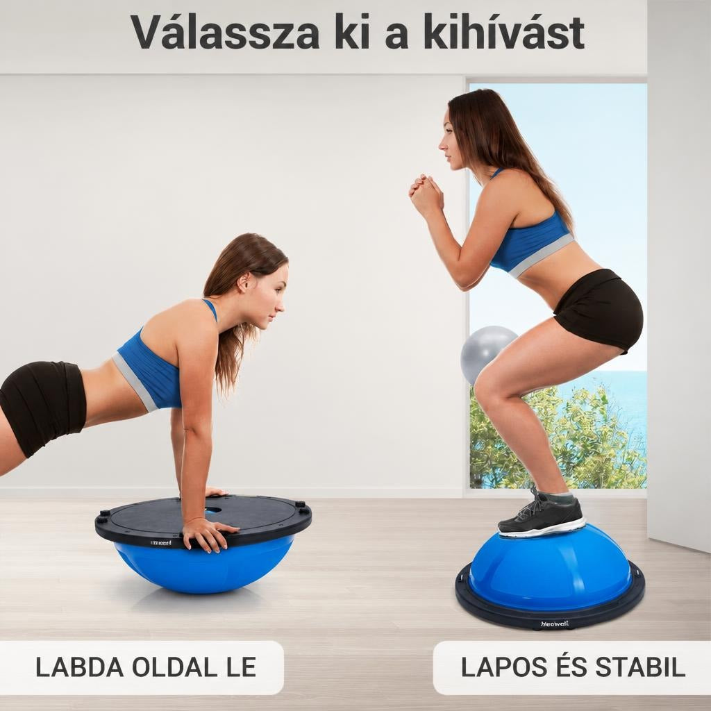 Nő egyensúlyozó félgömbön végez gyakorlatokat kétféle pozícióban.