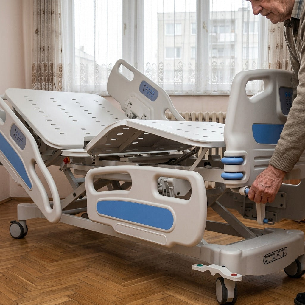 Kézi tekerőkaros kórházi ágy korláttal és kerekekkel - használat közben