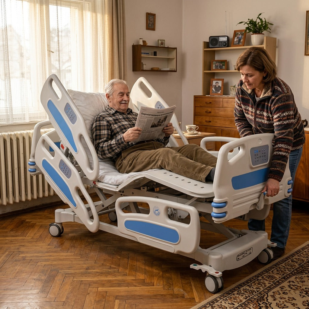 Kézi tekerőkaros kórházi ágy korláttal és kerekekkel - otthon